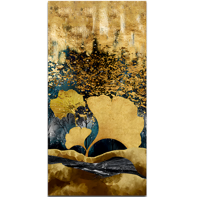 Modern Golden Ginkgo Leaves with Mountains Premium Canvas Floating Frame Wall Painting