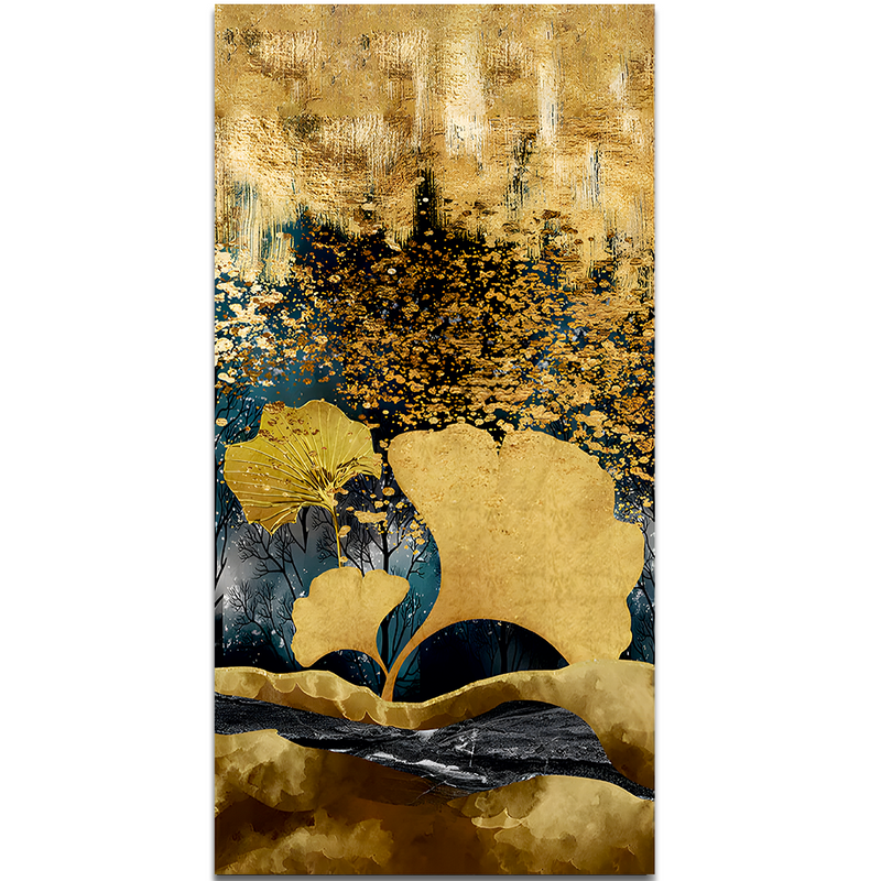 Modern Golden Ginkgo Leaves with Mountains Premium Canvas Floating Frame Wall Painting