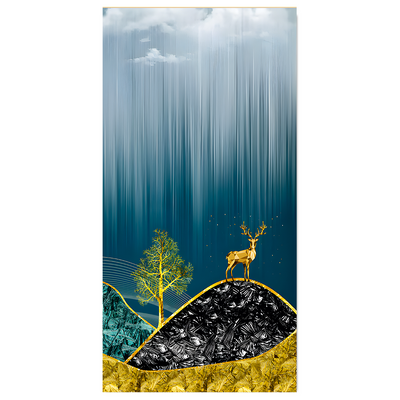 Beautiful Golden Mountains and Deer with Moon Canvas Floating Frame Wall Painting