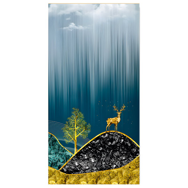 Beautiful Golden Mountains and Deer with Moon Canvas Floating Frame Wall Painting