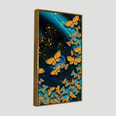 Premium Golden Flying Butterflies Canvas Floating Frame Wall Painting