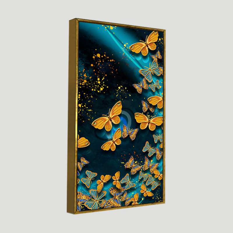 Premium Golden Flying Butterflies Canvas Floating Frame Wall Painting