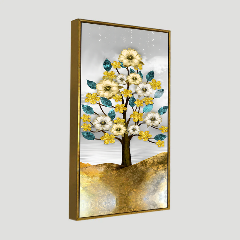 Beautiful Golden Flowers and Turquoise Mountains Floating Frame Canvas Wall Painting.