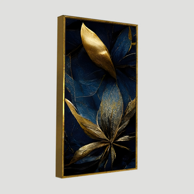 Vertical Golden Textured Tropical leaves Canvas Floating Frame Wall Painting