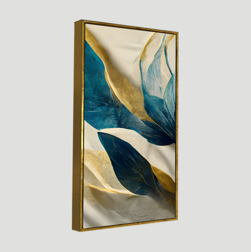 Premium Golden Flower and Waves Floating Frame Wall Painting