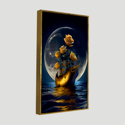 Full moon with sea, Golden boat and flowers  Canvas Floating Frame Wall Painting