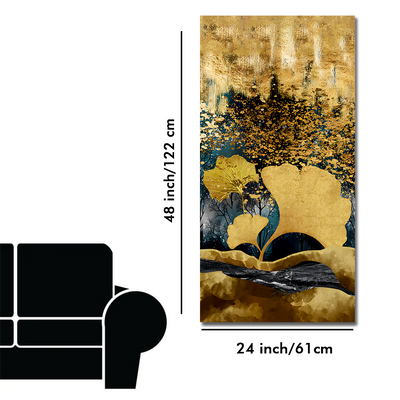 Modern Golden Ginkgo Leaves with Mountains Premium Canvas Floating Frame Wall Painting