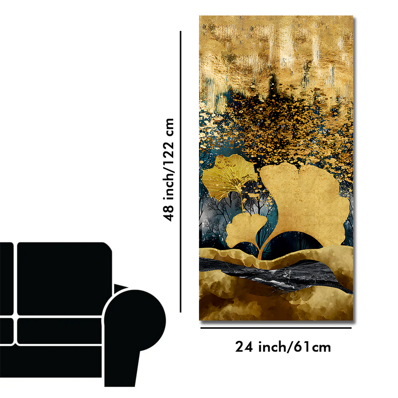 Modern Golden Ginkgo Leaves with Mountains Premium Canvas Floating Frame Wall Painting