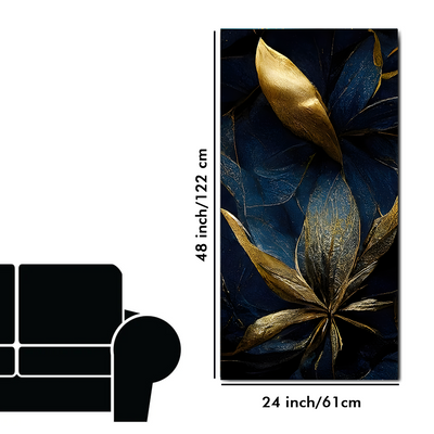 Vertical Golden Textured Tropical leaves Canvas Floating Frame Wall Painting