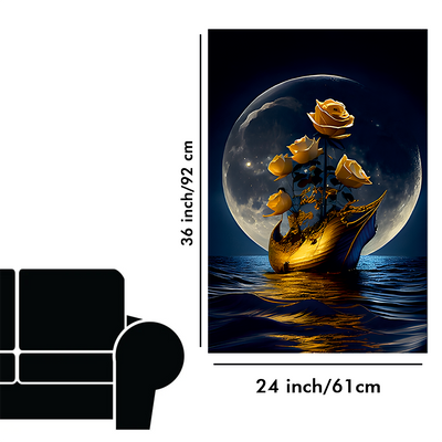 Full moon with sea, Golden boat and flowers  Canvas Floating Frame Wall Painting
