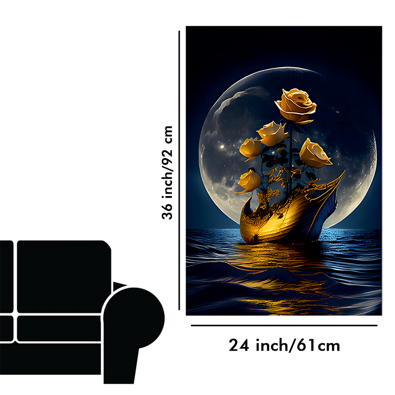 Full moon with sea, Golden boat and flowers  Canvas Floating Frame Wall Painting