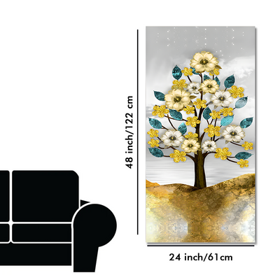 Beautiful Golden Flowers and Turquoise Mountains Floating Frame Canvas Wall Painting.