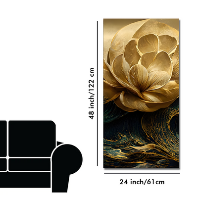 Modern Golden Flower and Waves Premium Canvas Floating Frame Wall Painting