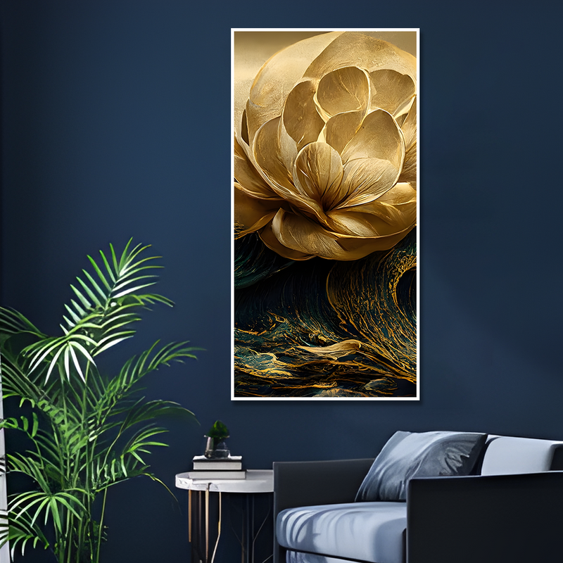 Modern Golden Flower and Waves Premium Canvas Floating Frame Wall Painting