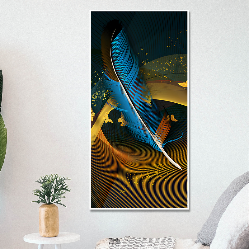 Modern Feathers and Beautiful Butterflies Premium Canvas Floating Frame Wall Painting