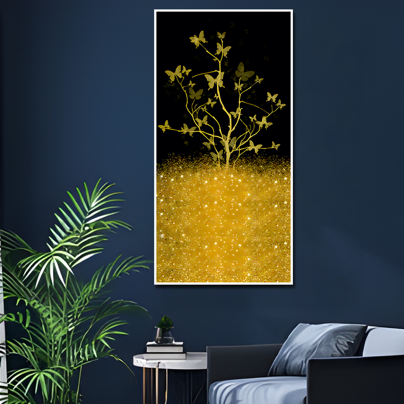 Beautiful Golden Tree Butterfly Premium Canvas Floating Frame Wall Painting