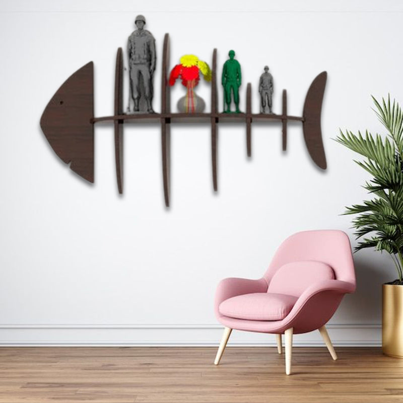 Walnut Finish Fish Shape Wooden Wall Display Shelf