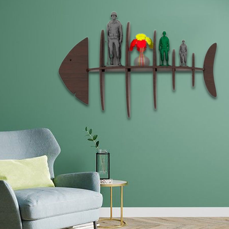 Walnut Finish Fish Shape Wooden Wall Display Shelf