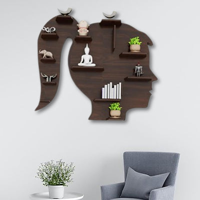 Walnut Finish Girl Face Shaped Wall Shelf