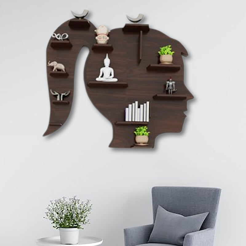 Walnut Finish Girl Face Shaped Wall Shelf