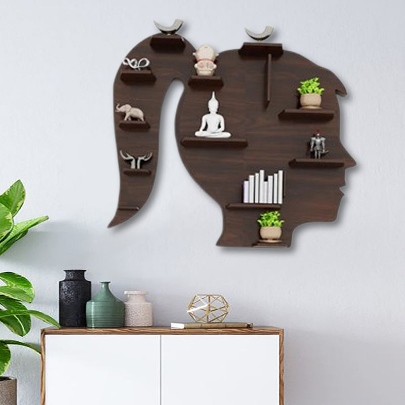 Walnut Finish Girl Face Shaped Wall Shelf