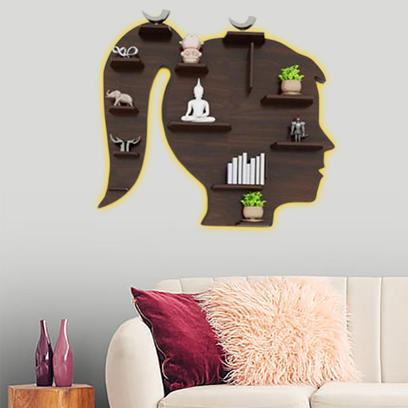 Walnut Finish Girl Face Shaped Wall Shelf