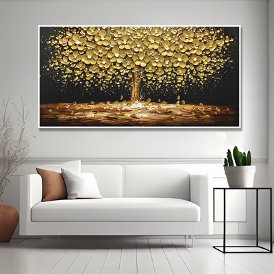 3D Texture Golden Tree Palette Knife Painting Art, Fashion Bohemian Canvas Oil Painting, Blooming Flower Landscape Original Painting