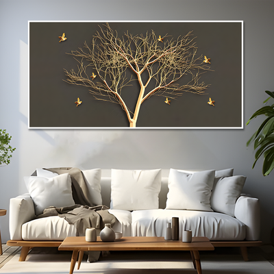 Golden Embossed Tree With Golden Birds Premium Canvas Floating Frame Wall Painting