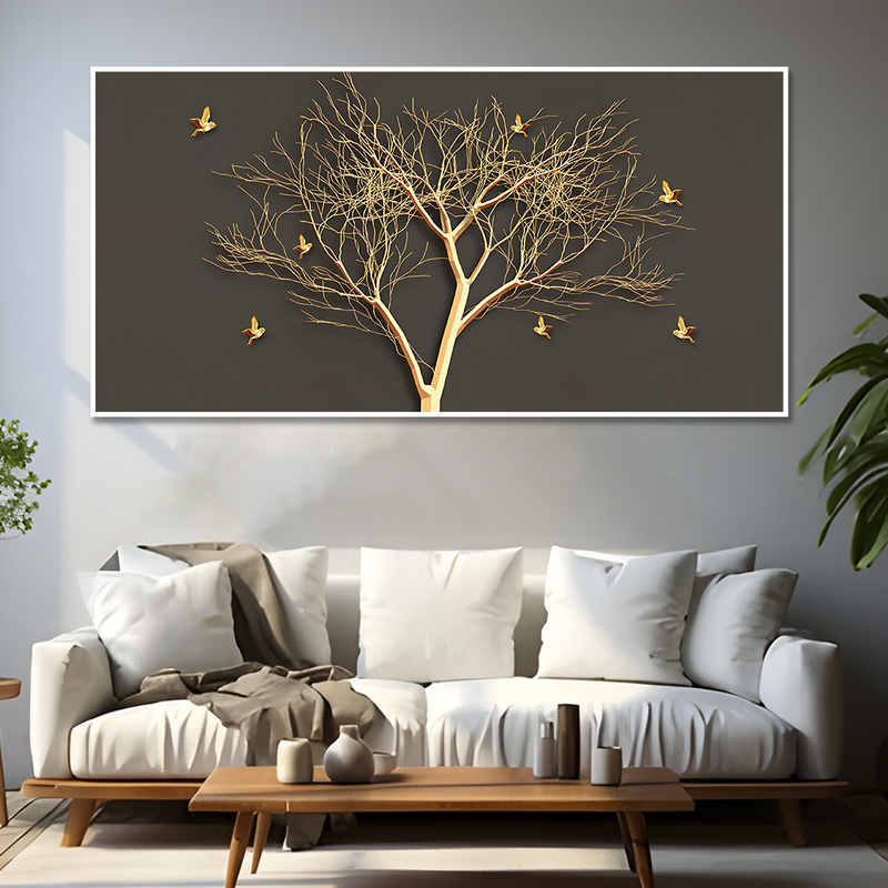 Golden Embossed Tree With Golden Birds Premium Canvas Floating Frame Wall Painting
