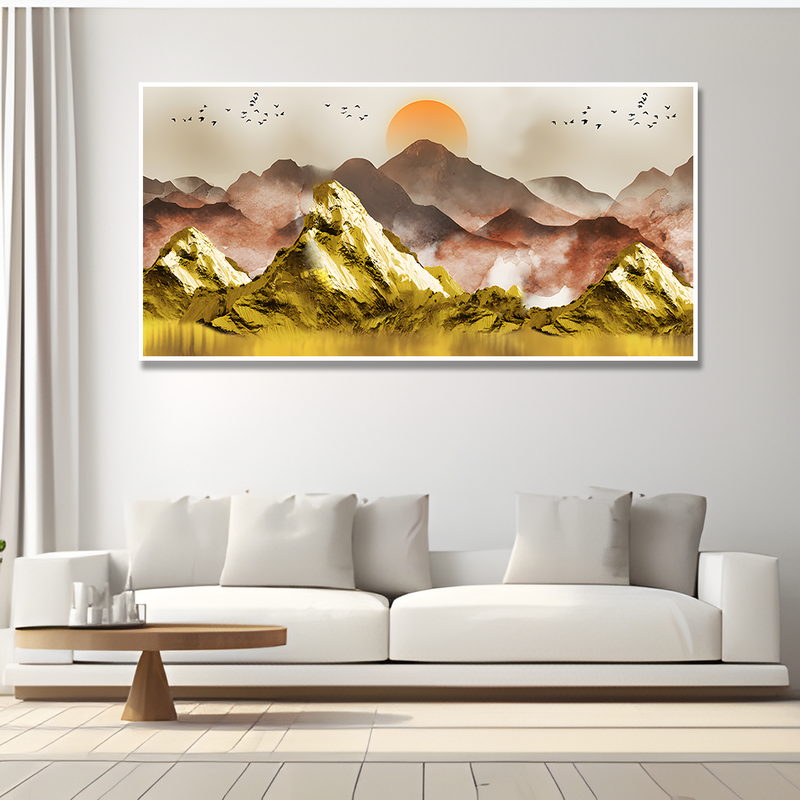 Golden Mountains and Birds Scenery Premium Floating Frame Canvas Wall Painting