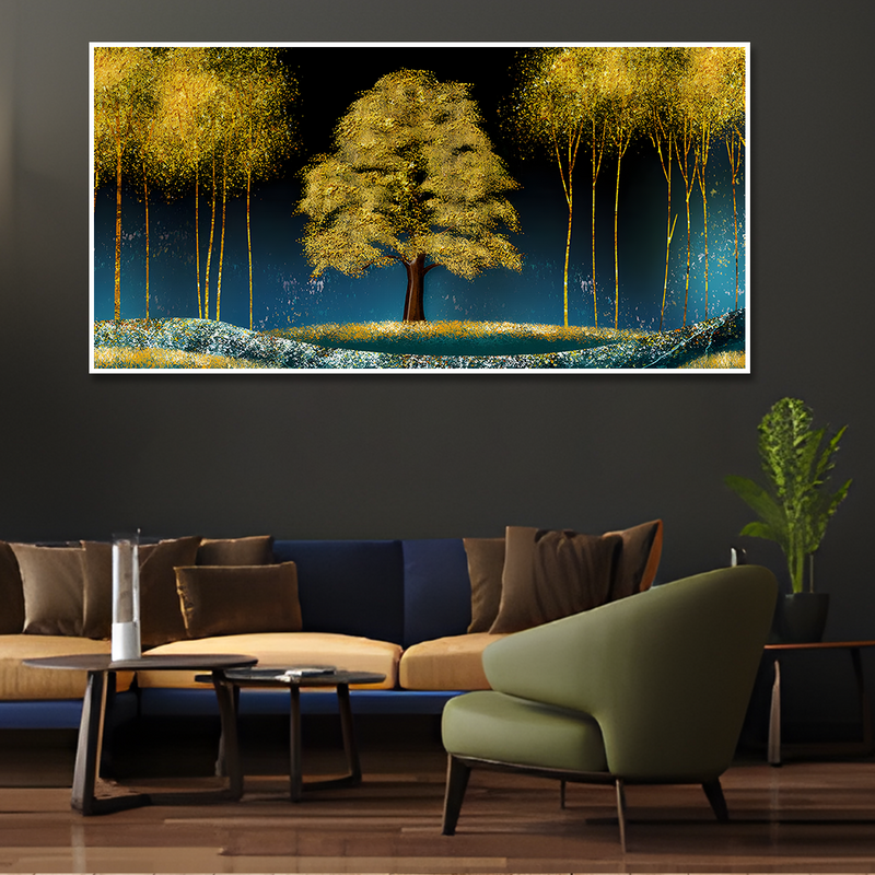 Beautiful Blue Sky and Golden Tree  Canvas Floating Frame Wall Painting