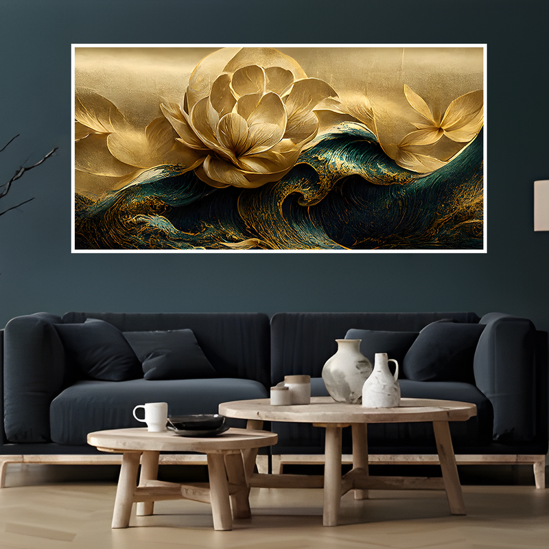 Modern Golden Flower and Waves Floating Frame Wall Painting