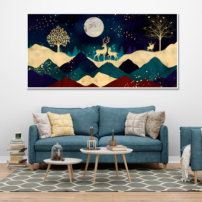 Luxurious Modern Art of Mountains and Golden Deer Tropical leaves Canvas Floating Frame Wall Painting