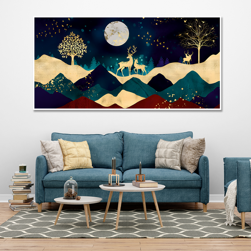 Luxurious Modern Art of Mountains and Golden Deer Tropical leaves Canvas Floating Frame Wall Painting