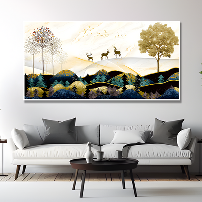 Abstract Golden Landscape Trees with Golden Deer Canvas Floating Frame Wall Painting.