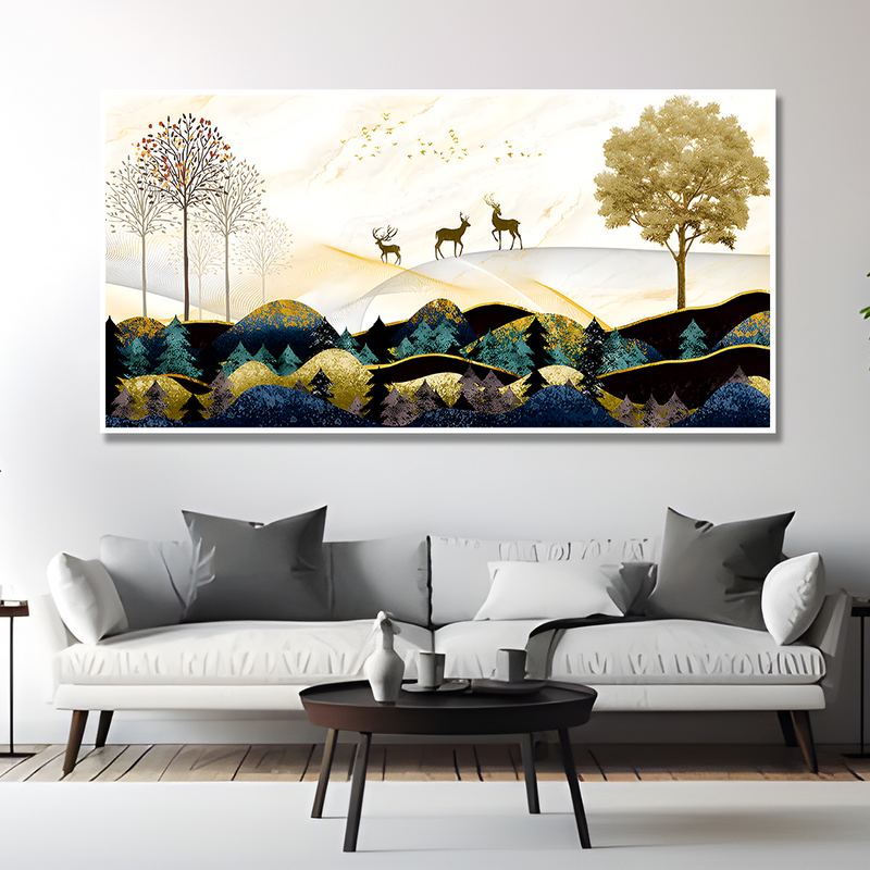 Abstract Golden Landscape Trees with Golden Deer Canvas Floating Frame Wall Painting.