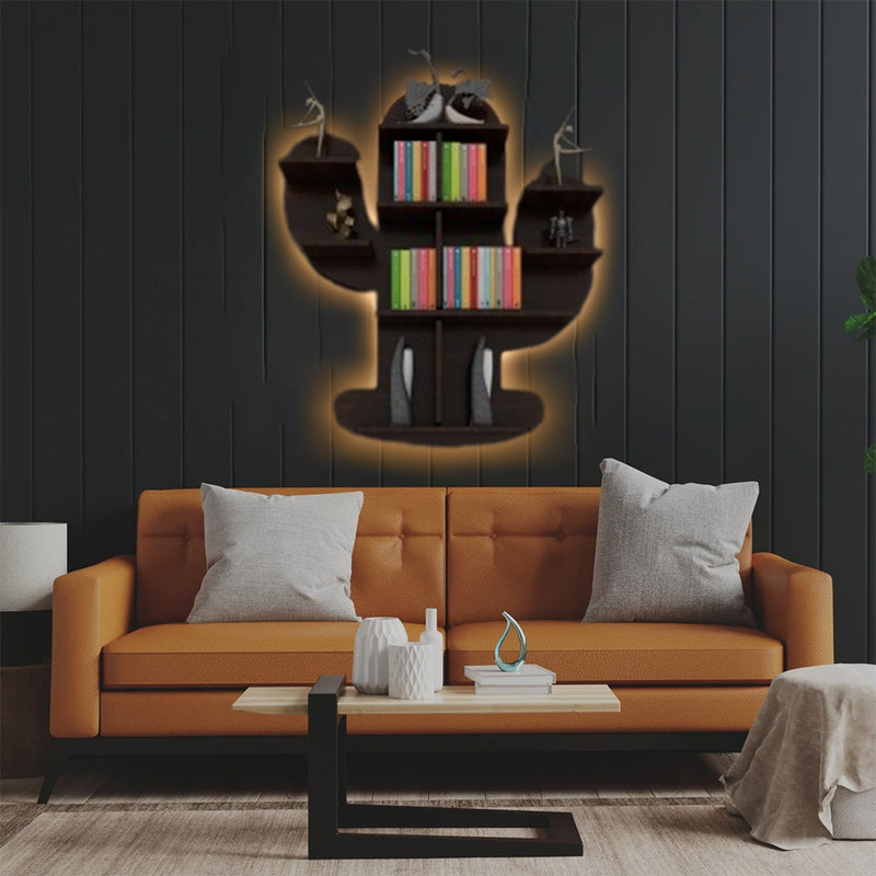 Cactus Shape Wood Wall Shelf / Book Shelf, Walnut Finish
