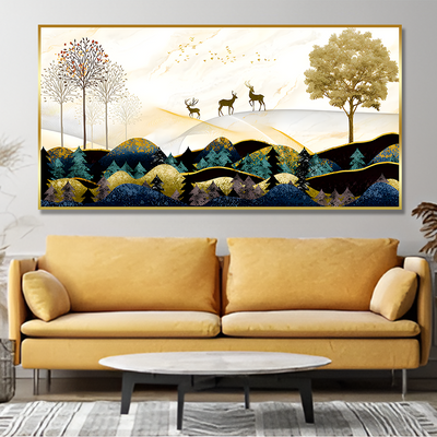 Abstract Golden Landscape Trees with Golden Deer Canvas Floating Frame Wall Painting.