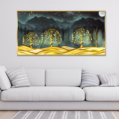 Golden Trees in Dark Forest Canvas Floating Frame Wall Painting