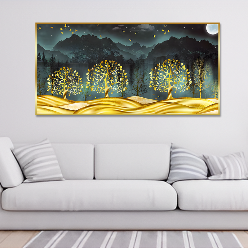 Golden Trees in Dark Forest Canvas Floating Frame Wall Painting