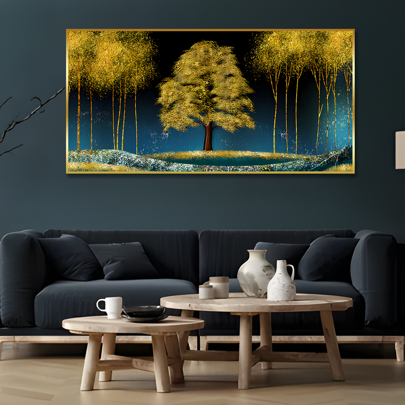 Beautiful Blue Sky and Golden Tree  Canvas Floating Frame Wall Painting