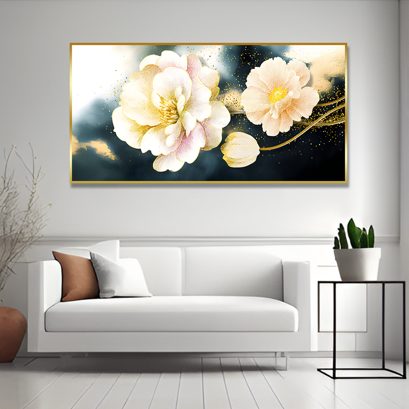Golden Particles with Flower Premium Floating Frame Canvas Wall Painting