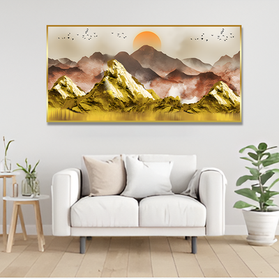 Golden Mountains and Birds Scenery Premium Floating Frame Canvas Wall Painting