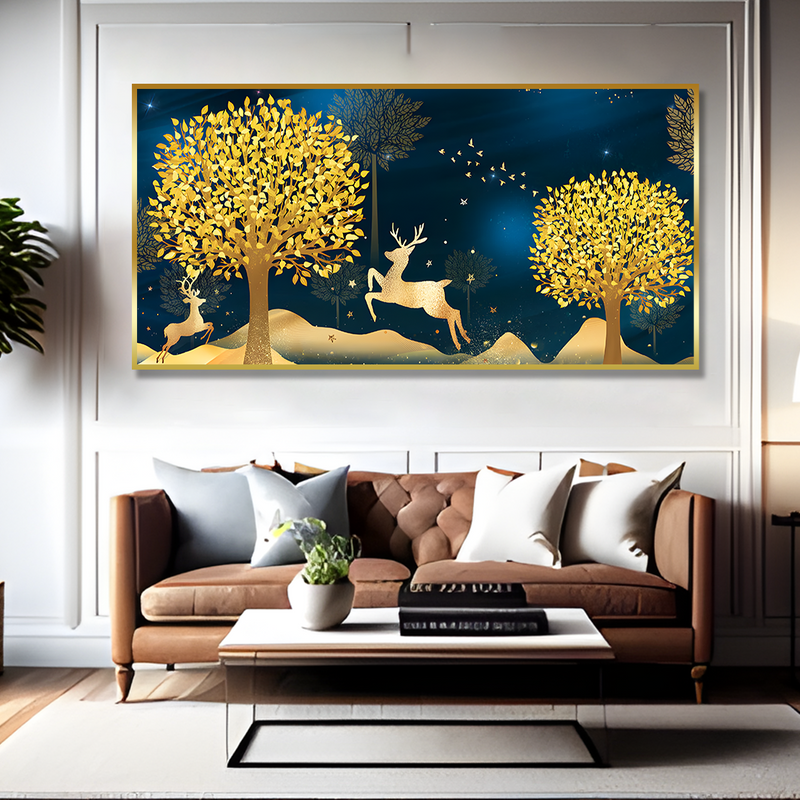 Golden Leaf Tree with Golden Deer Canvas Floating Frame Wall Painting