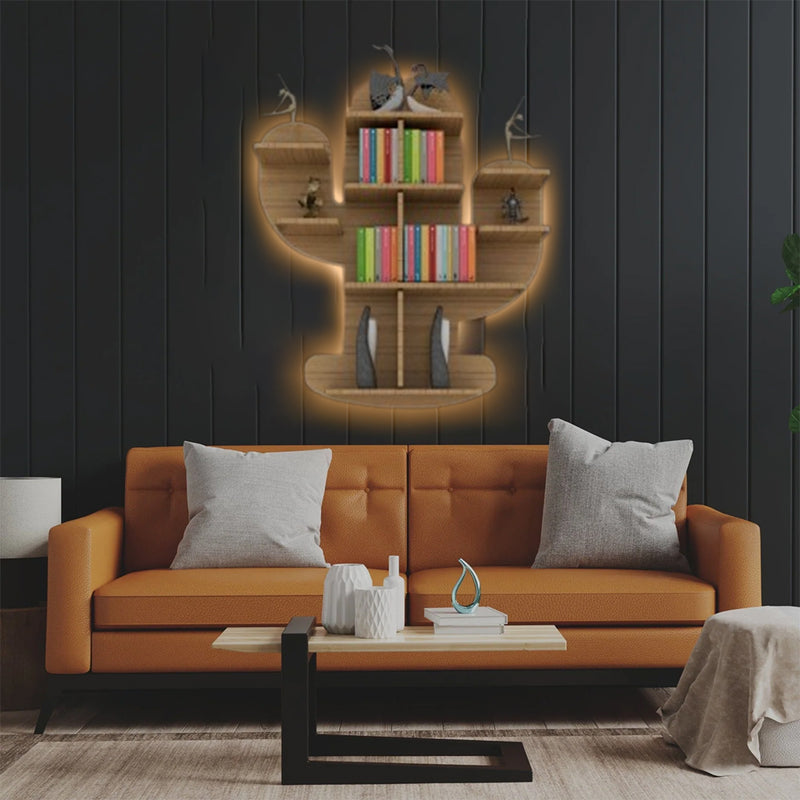 Cactus Shape Wood Wall Shelf / Book Shelf, Oak Finish
