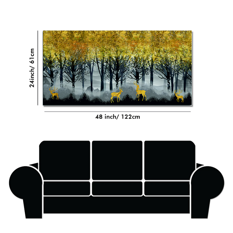 Golden Deer in Dark Forest Premium Canvas Floating Frame Wall Painting