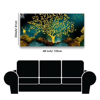 Golden Tree and Deer Premium Floating Frame Canvas Wall Painting