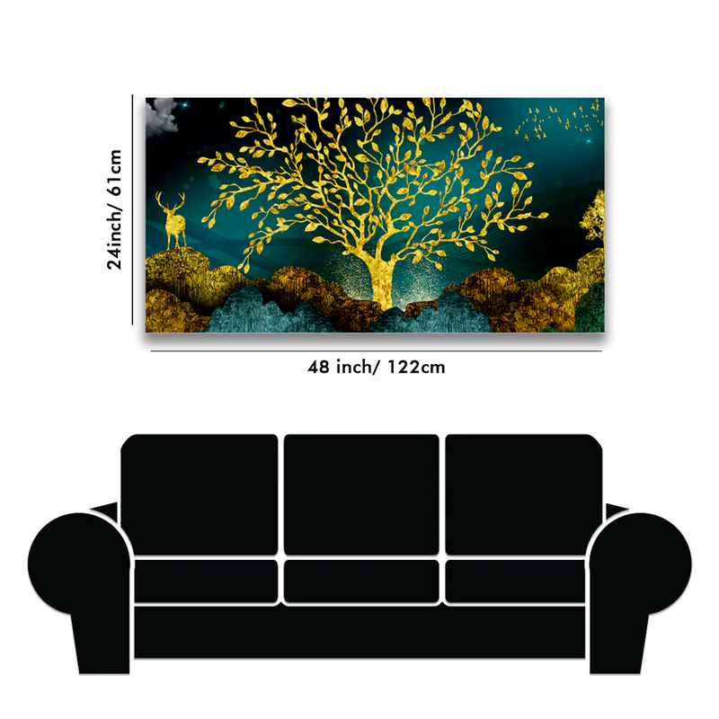 Golden Tree and Deer Premium Floating Frame Canvas Wall Painting
