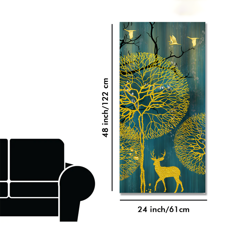 Golden Nightscape with Deer and Golden birds Floating Frame Canvas Wall Painting