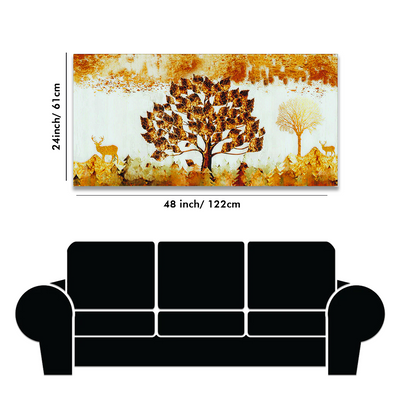 Beautiful Tree and Golden Deer Canvas Floating Frame Wall Painting